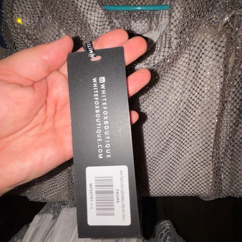 White Fox Back Track Long Sleeve Embellished Mini Dress Taupe SIZE L - Picture 5 of 8